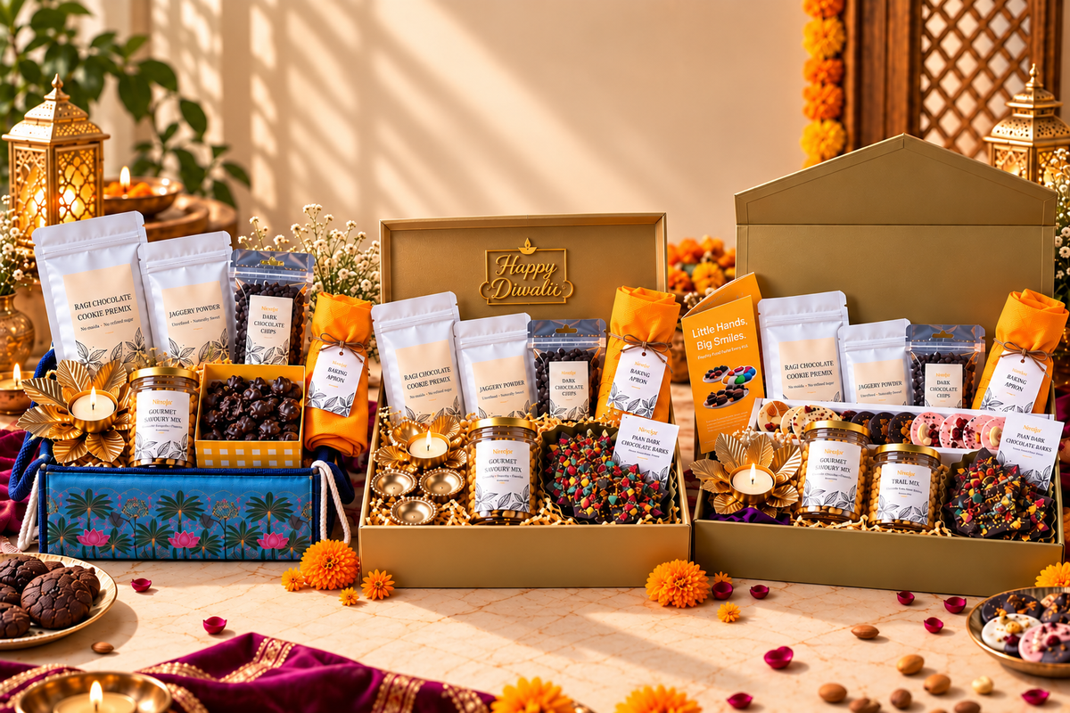 The three Nivala Diwali hampers with cookie premix, chocolates and diyas
