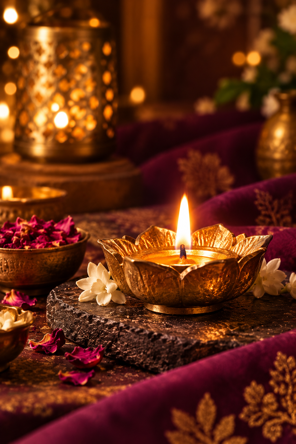 A lit brass diya with jasmine and rose petals