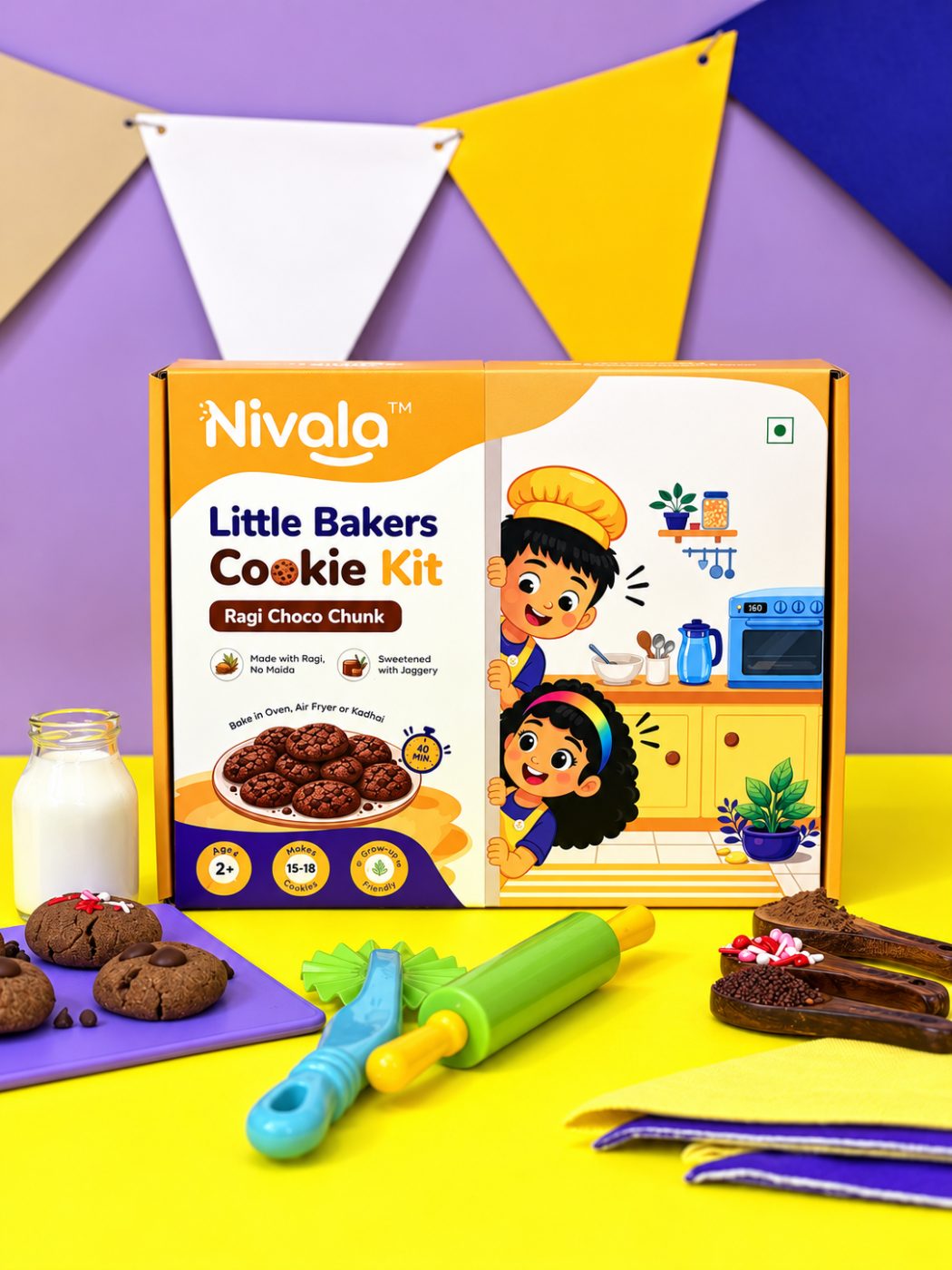 Nivala Little Bakers Cookie Kit, Ragi Choco Chunk box with milk and chocolate cookies
